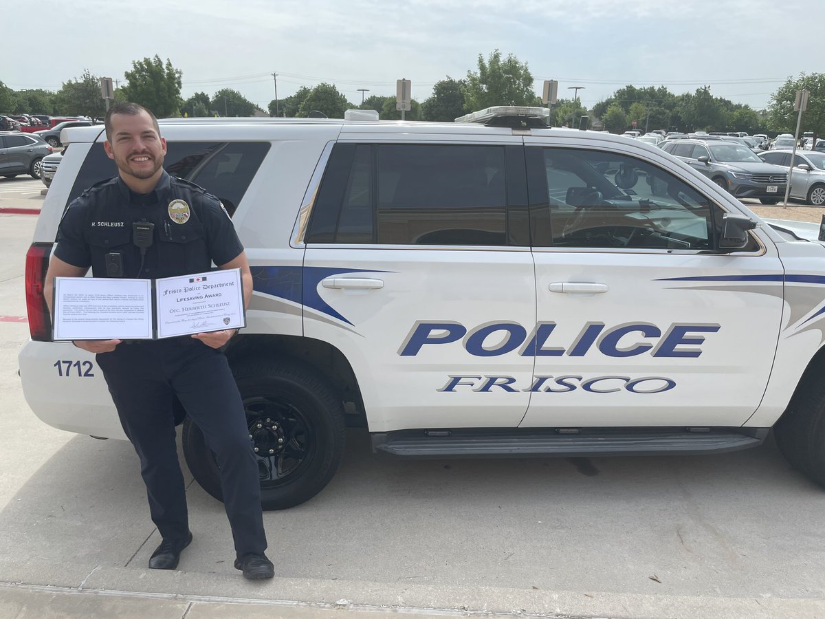 SRO Schleusz was presented with a Life Saving award from the Frisco Police Department. Thank you for being there in a time of need and taking immediate life saving actions.