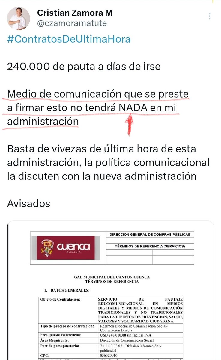SinMordaza_1's tweet photo. 𝐍𝐨 𝐫𝐞𝐜𝐢𝐛𝐢𝐫á𝐧 𝐍𝐀𝐃𝐀 𝐝𝐢𝐣𝐨 𝐏𝐇𝐃 𝐂𝐫𝐢𝐬𝐭𝐢𝐚𝐧 𝐙𝐚𝐦𝐨𝐫𝐚 𝐚 𝐦𝐞𝐝𝐢𝐨𝐬 𝐝𝐞 𝐜𝐨𝐦𝐮𝐧𝐢𝐜𝐚𝐜𝐢ó𝐧 𝐪𝐮𝐞 𝐟𝐢𝐫𝐦𝐚𝐫𝐨𝐧 𝐞𝐥 𝐜𝐨𝐧𝐭𝐫𝐚𝐭𝐨 𝟏𝟖𝟏𝟓𝟔-𝟐𝟑.
Que lo que expresa el alcalde entrante, se cumpla.
Que se aplique la 2 da prohibición #LOCP https://t.co/mch9STdGNh