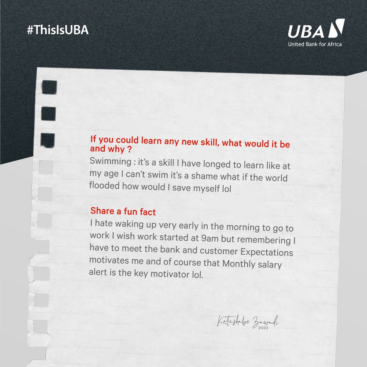 UBAUganda's tweet photo. We're lucky to have Katushabe Zawadi on our UBA family and are excited for you to get to know her better through our #ThisIsUBA campaign. Stay tuned for more stories about the amazing individuals who help make UBA the bank that it is today. #GreatPlaceToWork https://t.co/0nqELf95nv