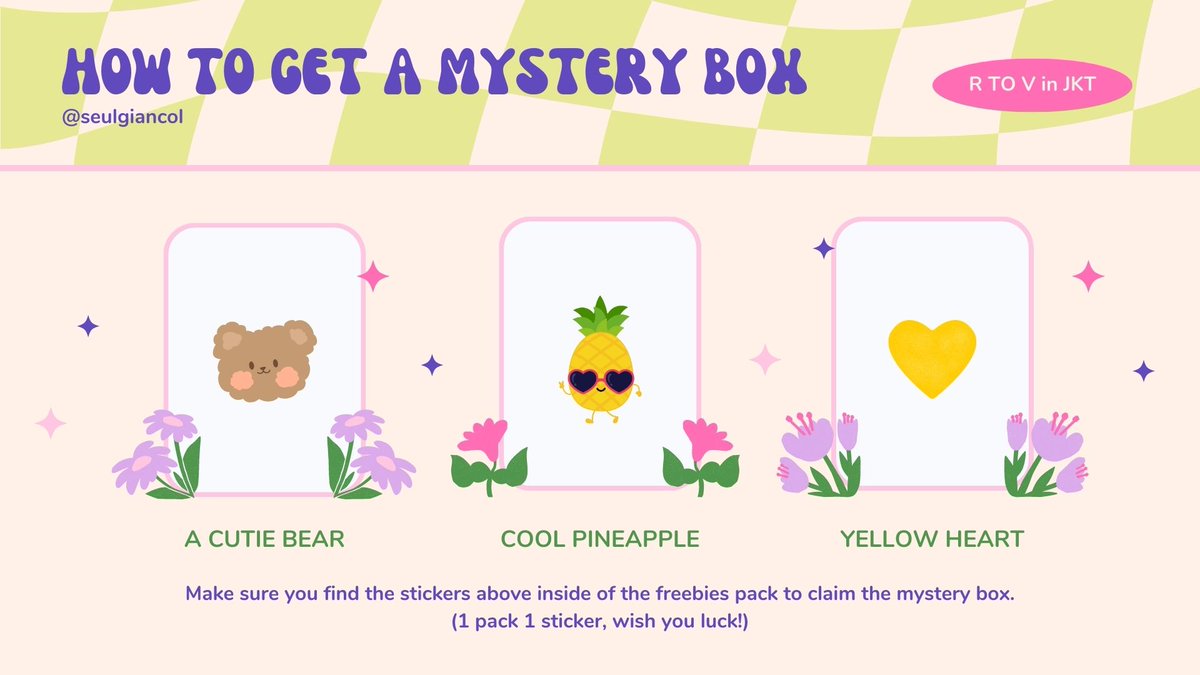 "Gimana cara dapet Mystery Box nya, kak?"

Gampang aja kok, nanti setelah kalian dapet freebies dari aku, jangan langsung kabur yah xixi pastikan kalian cek dulu di dalam freebies package nya ada salah satu dari 3 stiker ini atau ngga. Karna kalian akan dapet hadiah (...)