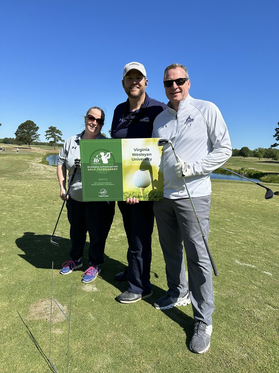BattenU_SVP's tweet photo. Representing Virginia Wesleyan University 
at Virginia Economic Development’s annual golf outing.  Pictured with Dr. Susan Larkin, Provost, and Jason Seward, Associate Vice President for Campus Life and Operational Management.  The University sponsored hole 17. https://t.co/FG6EkeAEnG