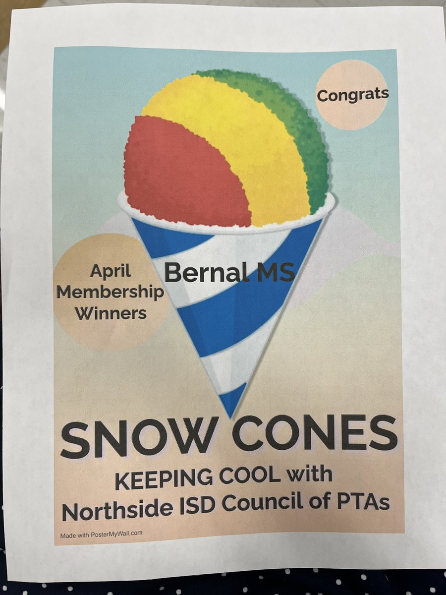 Woohoo! @NISDBernal will be having a snow cone party at our last general PTA meeting May 16th thanks to @nisdpta 🍧 #weloveourmembers