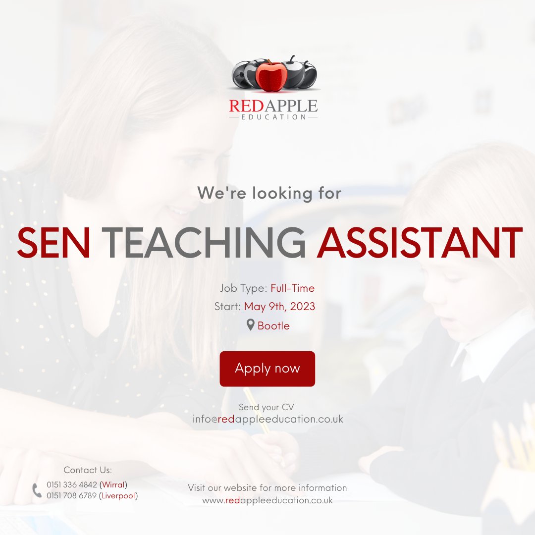 We're working with a primary school located in #Bootle that is looking for an #SEN Teaching Assistant to join their team.

Interested? Contact us on 0151 708 6789 or apply at bit.ly/3p21sXN

#JobOffer #SENJobs #Vacancies #Hiring #SeftonJobs #EduTwitter #TeachingAssistant