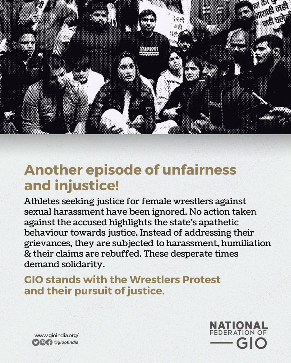 gioofindia's tweet photo. Another episode of unfairness and injustice!
GIO stands with the Wrestlers Protest and their pursuit of justice

#WrestlersProtest
#gioindia https://t.co/7zztcYSPE3