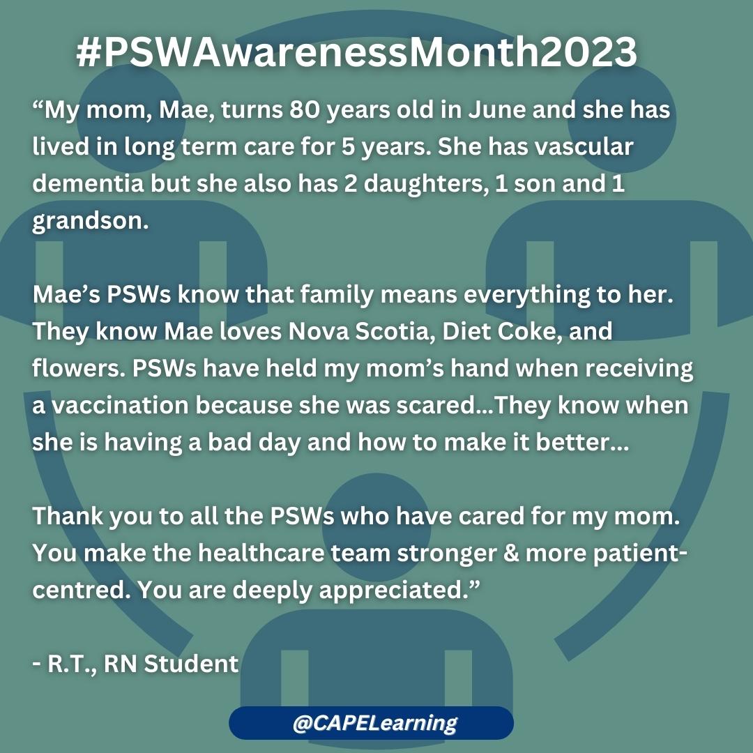 CapeLearning's tweet photo. โThank you to all the #PSWs who have cared for my mom. You make the healthcare team stronger & more patient-centred. You are deeply appreciated.โ
- R.T., RN Student
Click to read the full story. #PSWAwarenessMonth2023 #ThankAPSW https://t.co/bEQaX1qOB9
