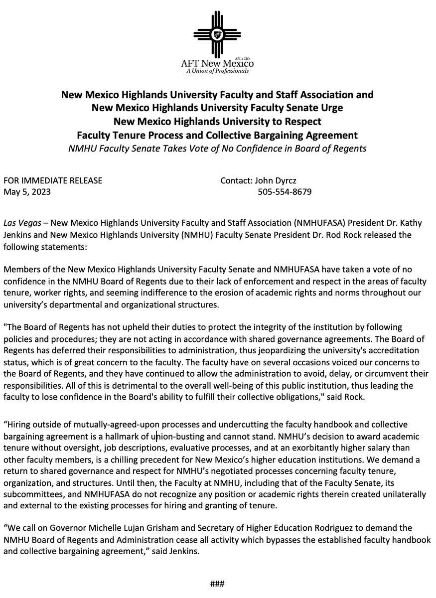 AFTNM's tweet photo. NMHU Faculty holds vote of "no confidence" re: @NMHighlands Regents: “Hiring outside of mutually-agreed-upon processes &amp; undercutting the faculty handbook and collective bargaining agreement is a hallmark of union-busting &amp; cannot stand." @AFTHigherEd @AFTunion @UnionWhitney https://t.co/OhJf3IrpRm