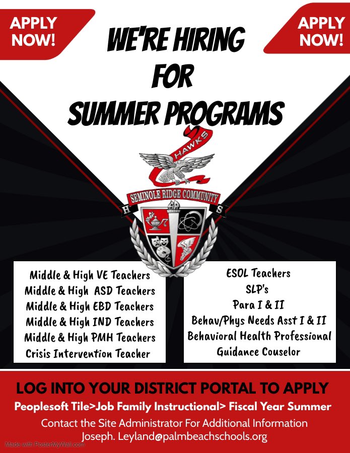 🗣️PSA…ALL secondary teachers and staff…there are opportunities available for summer employment at our North Region Summer Sites..all positions are posted on PeopleSoft..APPLY TODAY!