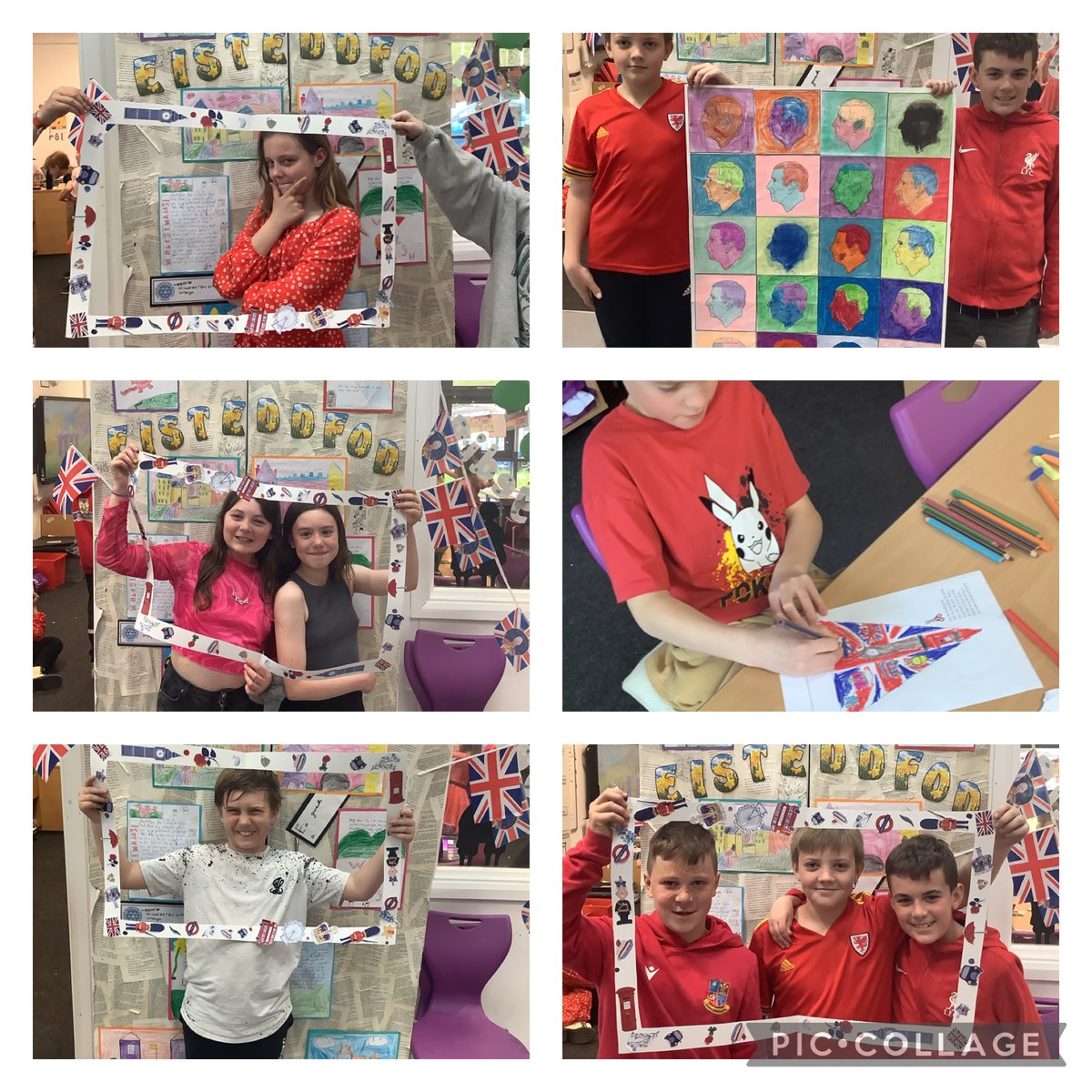 today we celebrated #KingCharleslll coronation in class. We used our creative talents by making bunting, a selfie frame and a 1960s pop art inspired display. #Creative #Coronation