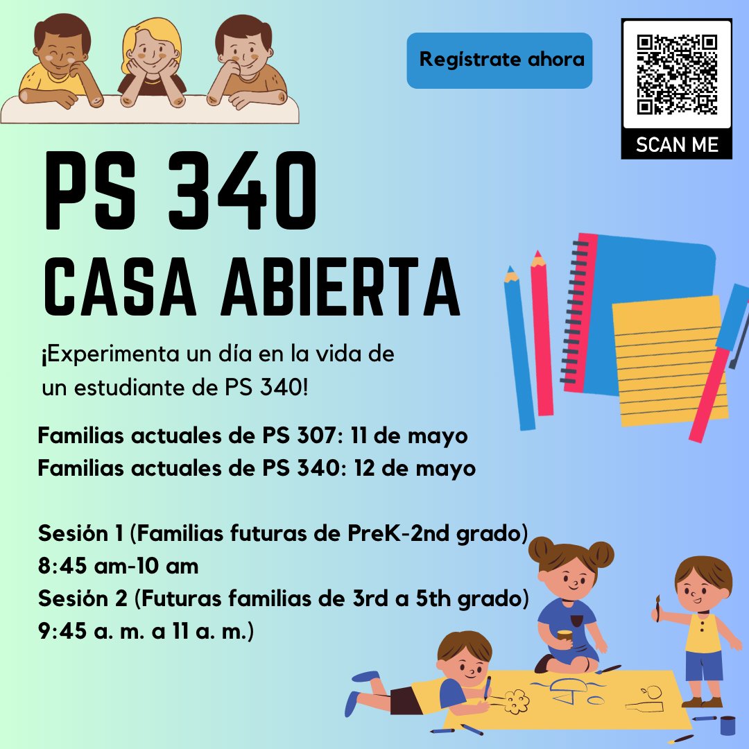340Bronx's tweet photo. We are so excited to expand the PS 340 family!  Register for the PS 340 Open House and PS 340/PS 307 Family Carnival using the QR codes below! @CSD10Bronx https://t.co/kAZ2TvEoFu