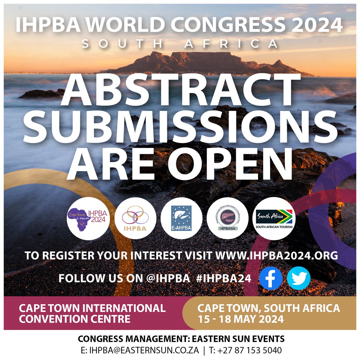 Abstract submissions are now open for #ihpba2024! Don't miss your chance to share your research with the world's leading experts in Hepato-Pancreato-Biliary surgery. Submit your abstract at ihpba2024.org and join us in Cape Town, 15-18 May 2024