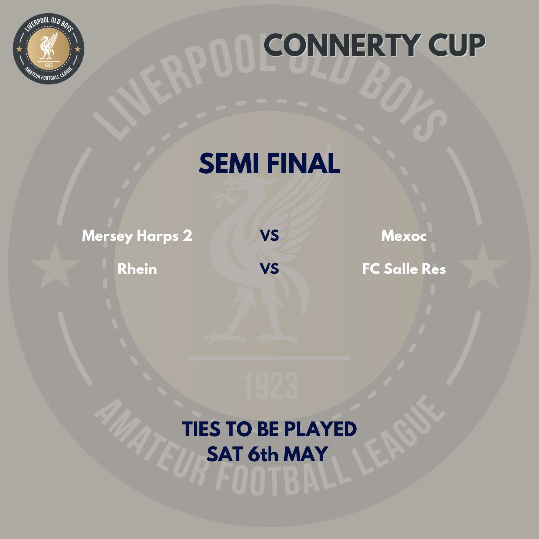 Liverpool Football League (@lpoolfl) on Twitter photo SATURDAY 6th MAY 2023 | ๐
Connerty Cup Semi-Finals
<a href="/merseyharpsfc/">Mersey Harps FC</a> vs <a href="/MexocFC/">Mexoc FC</a>
<a href="/RheinFC/">Rhein Football Club</a> vs <a href="/fc_salleres/">FC SALLE OLD BOYS</a>
All four sides are chasing the chance to appear in our very special Centenary year finals at Marine. Best of luck to all sides and our Match Official teams ๐ค
#LOBAL SATURDAY 6th MAY 2023 | ๐
Connerty Cup Semi-Finals
<a href="/merseyharpsfc/">Mersey Harps FC</a> vs <a href="/MexocFC/">Mexoc FC</a>
<a href="/RheinFC/">Rhein Football Club</a> vs <a href="/fc_salleres/">FC SALLE OLD BOYS</a>
All four sides are chasing the chance to appear in our very special Centenary year finals at Marine. Best of luck to all sides and our Match Official teams ๐ค
#LOBAL