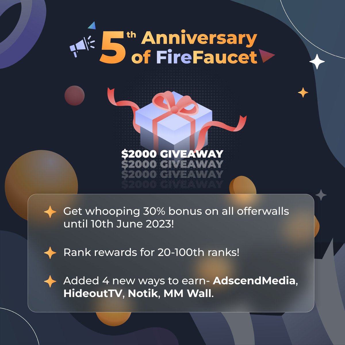 Our new update, along with our 5th Anniversary event is live now! 

Learn more 👉 firefaucet.win/anniversary-ev…