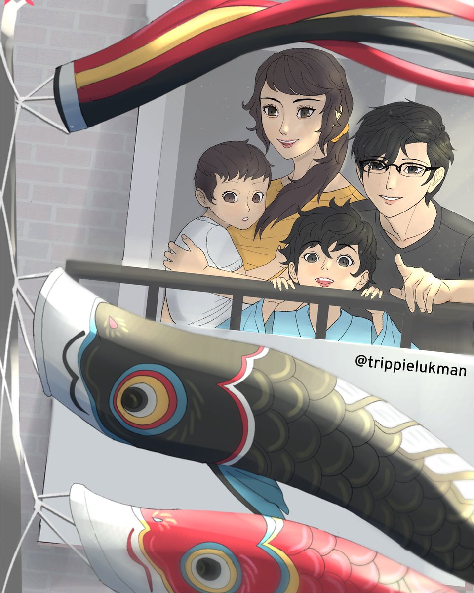 trippielukman's tweet photo. Belated Childrens Day ( 子供の日 ) illustration
Featuring Sadayo's young family! and the 主貞の子捏造

Watching the koinobori from the second story https://t.co/JWLXl6MVPQ