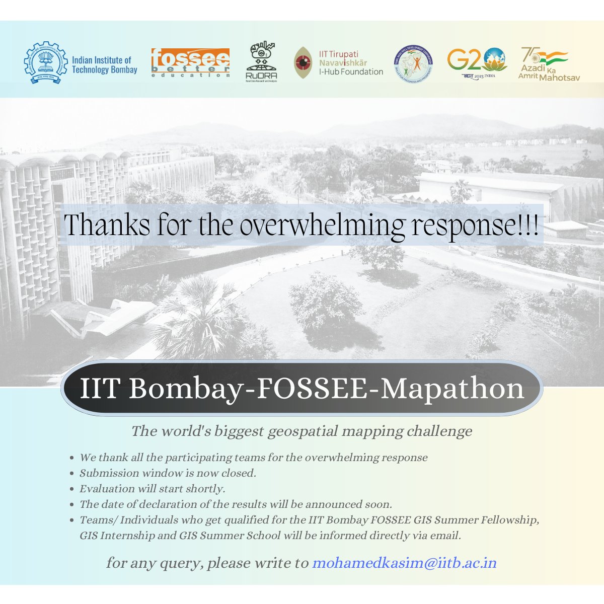 FOSSEE (@fossee) on Twitter photo <a href="/iitbombay/">IIT Bombay</a> <a href="/FOSSEE/">FOSSEE</a> Mapathon 2023! the world's biggest geospatial mapping challenge. Submission window is now closed. We thank all participating teams for the overwhelming response.
<a href="/KannanMoudgalya/">Kannan Moudgalya</a> <a href="/PennanChinnasa1/">Pennan Chinnasamy</a> @mkkiitb <a href="/nmeict/">NMEICT</a> <a href="/EduMinOfIndia/">Ministry of Education</a> <a href="/iittniftih/">IIT Tirupati Navavishkar I-Hub Foundation</a> <a href="/naanmudhalvanTN/">Naan Mudhalvan</a> <a href="/iitbombay/">IIT Bombay</a> <a href="/FOSSEE/">FOSSEE</a> Mapathon 2023! the world's biggest geospatial mapping challenge. Submission window is now closed. We thank all participating teams for the overwhelming response.
<a href="/KannanMoudgalya/">Kannan Moudgalya</a> <a href="/PennanChinnasa1/">Pennan Chinnasamy</a> @mkkiitb <a href="/nmeict/">NMEICT</a> <a href="/EduMinOfIndia/">Ministry of Education</a> <a href="/iittniftih/">IIT Tirupati Navavishkar I-Hub Foundation</a> <a href="/naanmudhalvanTN/">Naan Mudhalvan</a>