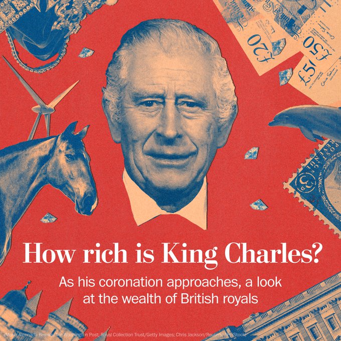 How rich is King Charles? As his coronation approaches, a look at the wealth of British royals. This image has a picture of King Charles surrounded by other images of his properties and possessions. 