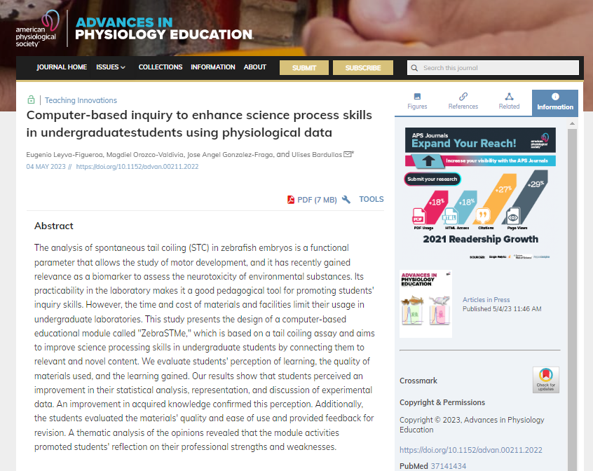 APSPublications's tweet photo. New in @AdvPhysiolEduc: Leyva-Figueroa et al. report on a computer-based educational module called "ZebraSTMe," which aims to improve #science processing skills in undergraduate students.
https://t.co/7GfbXQgQcS
@UABC_oficial #EducationalSoftware #Zebrafish https://t.co/1lOQx4za0w