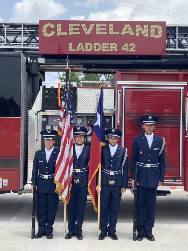 Our AFJROTC Color Guard participated in the opening ceremonies for the brand new Fire Station this afternoon!! So proud of our students! #theClevelandISDway

L-R: Isabella Morales, Emely Gamez Orellana, Alejandra Balbuena, and Eduardo Velis Sintigo