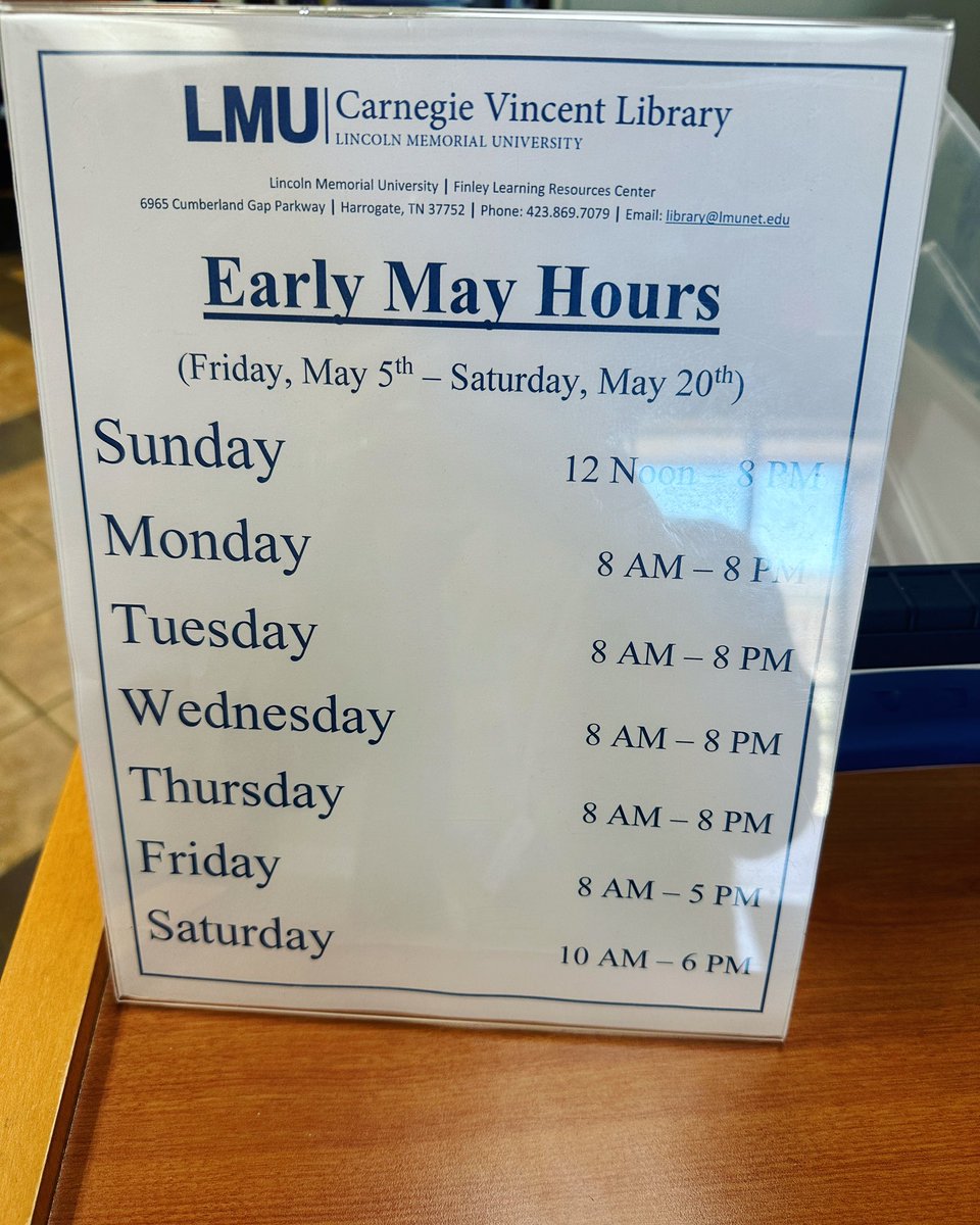 LMULibraries's tweet photo. Update for hours! #lmulibraries #lmu #lincolnmemorialuniversity https://t.co/YYW9r4pN3Y