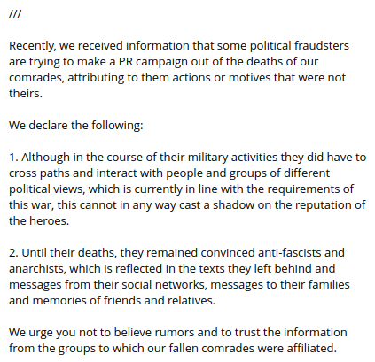 Recently, we received information that some political fraudsters are trying to make a PR campaign out of the deaths of our comrades, attributing to them actions or motives that were not theirs. More information in screenshot. #Ukraine #Antifascism #ResCom