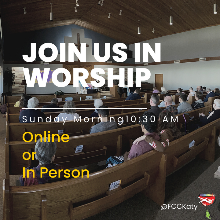 Come join FCCKaty for worship this Sunday at 10:30 AM! #openandaffirming #prayer #LGBTQIA #worship #fcckaty #DisciplesOfChrist ... l.txlions.org/SnbWFT