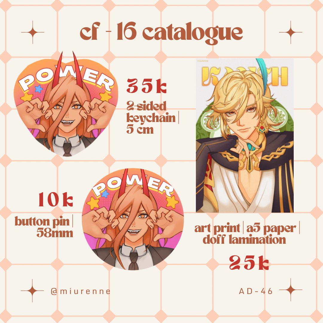 miurenne's tweet photo. [retweets and shares are appreciated!]

i’ve risen from the dead to bring you my final #cf16 catalogue! all items available for OTS and i’ll be cosplaying as makima for both days, hope to see you there 🫶🏼

#comifuro16 #cf16catalogue https://t.co/kmFmbA9Kyf