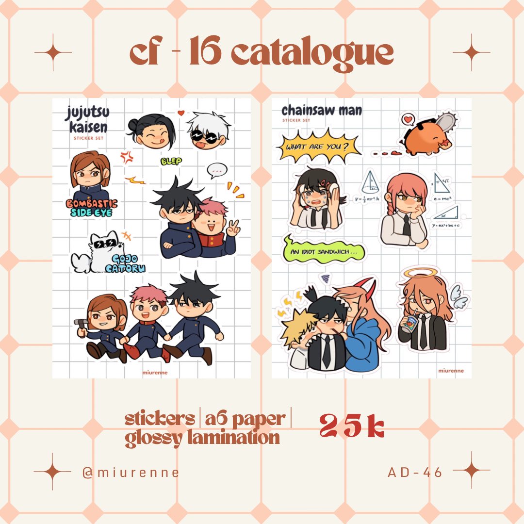 miurenne's tweet photo. [retweets and shares are appreciated!]

i’ve risen from the dead to bring you my final #cf16 catalogue! all items available for OTS and i’ll be cosplaying as makima for both days, hope to see you there 🫶🏼

#comifuro16 #cf16catalogue https://t.co/kmFmbA9Kyf