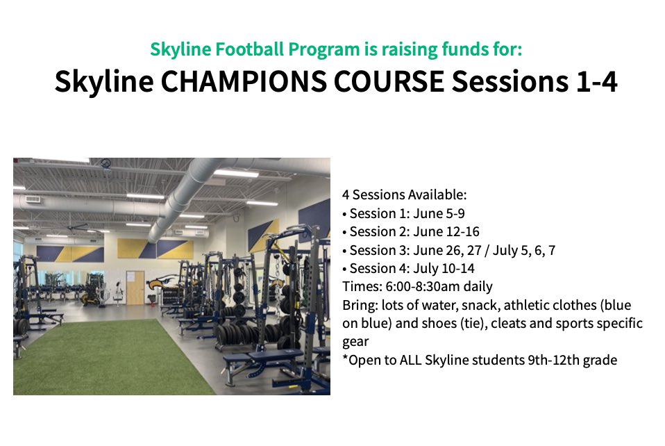 Registration for CHAMPIONS COURSE is open!

Athletic Development Camp: Weight lifting, plyometrics, conditioning, sprint technique, flexibility &amp; sports specific practice. 

Open to all Skyline students. 
DETAILS &amp; REGISTRATION ⬇️

successfund.com/skylinechampio…