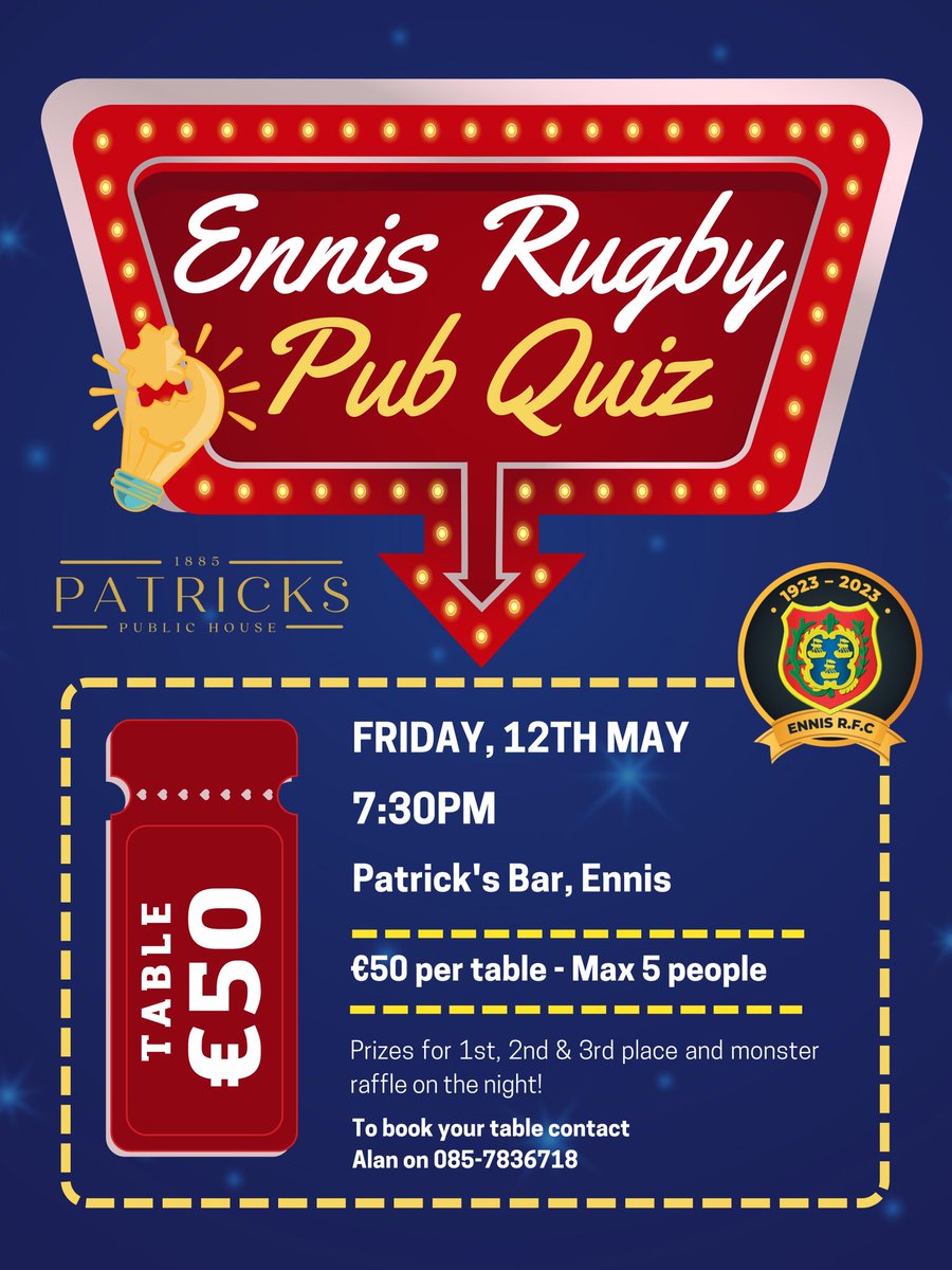 LIMITED AVAILABILITY of the tables!! Ennis Rugby Seniors are hosting a fundraising Pub Quiz Night! Great prizes to be won! 🤩