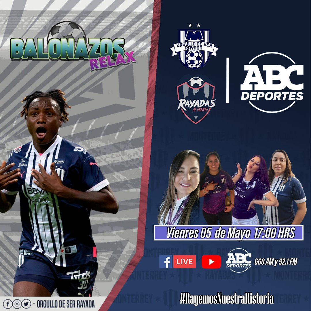ODSRFemenil_'s tweet photo. Hoy Viernes: 17:00 HRS.
#RayadasAlFrente y Balonazos Relax con @limon_italiano para hablar del Futbol Femenil.⚽
🎙️ @MarianaAlvi27
🎙️ @AnitaSanchezz89
🎙️ @memorgan6
🎙️ @thelma_salinas
📲Sigue la transmisión a través de las redes sociales de ABC Deportes y Por 660 am y 92.1 Fm. https://t.co/NCae00XGZv