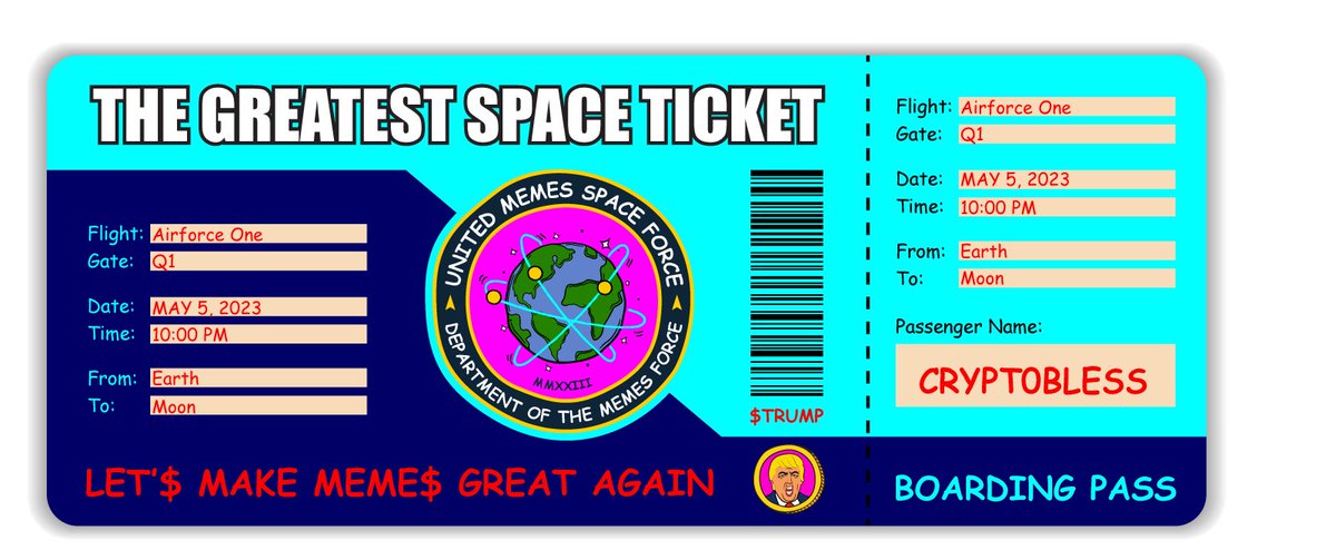 Crypt0Bless's tweet photo. $TRUMP is ready to fly to the moon! 🚀

I just got my own Trump Moonticket!!🌕 

Get your own moonticket and join the @TrumpMemeToken movement ⚡

Grab your own custom Trump Moonticket here: https://t.co/XYBXLInIex 

#TrumpToTheMoon 

$Pepe $Wojak $Bob https://t.co/qkxEf46U0Z