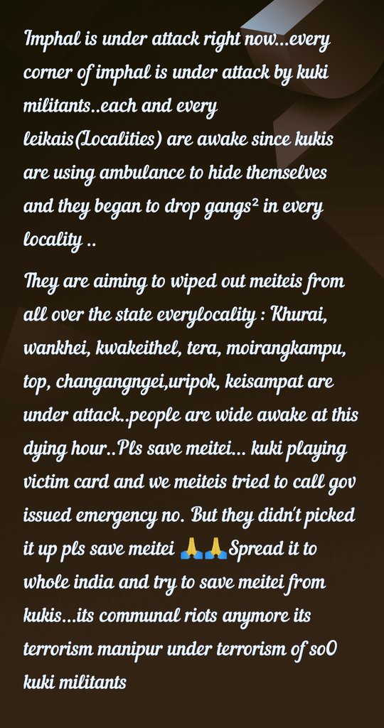 kangleica123's tweet photo. #imphalunderattack #kukimilitantsterrorism #kukikillingmeiteis #saveimphal #savemanipur https://t.co/Emy0VvRARA