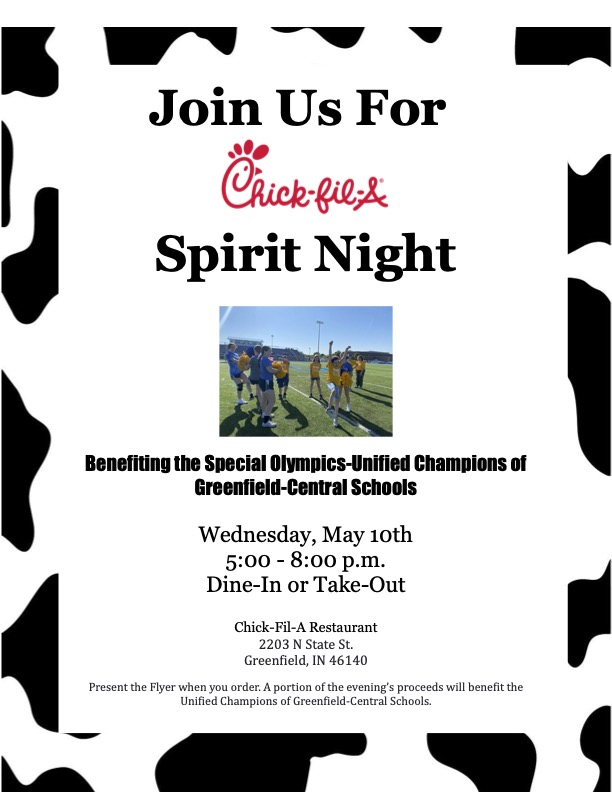 Join us on May 10th at Chick-fil-A at Greenfield for a fundraiser benefiting Special Olympics/Unified Champions. #1GC