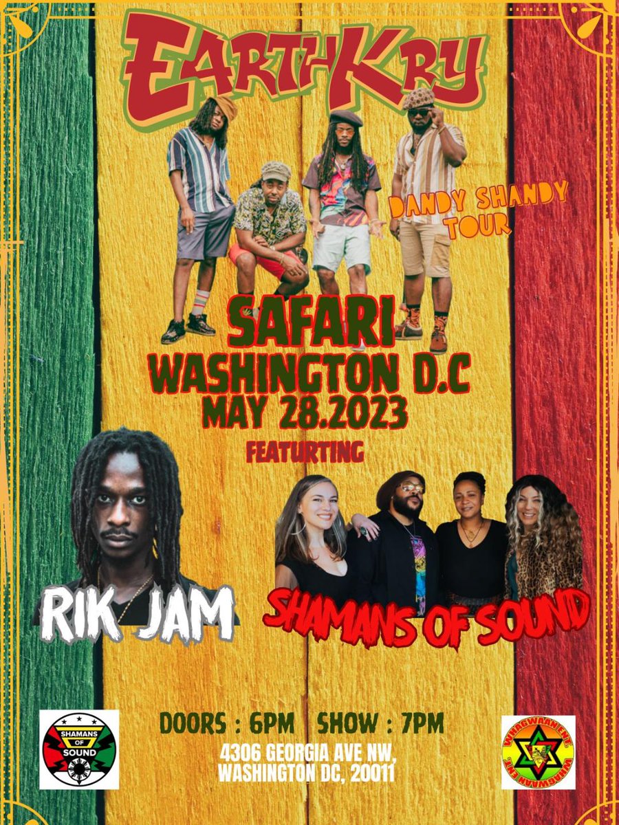 May 28 <a href="/earthkryband/">EarthKry</a> with Rik Jam, <a href="/shamanssound/">Shamans Of Sound</a> at Safari DC!

Tix: bit.ly/4266L7e

<a href="/WHAGWAANENT/">WHAGWAAN ENT. LLC</a> #earthkry #rikjam #shamansofsound #dc #washingtondc