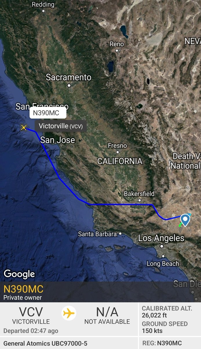 ameliairheart's tweet photo. .@GenAtomics_ASI MQ-9B N390MC is heading north up the California coast from El Mirage Field Airport, CA, likely for Northern Edge 2023. The aircraft arrived back in El Mirage on Apr 19 after participating in the Navy's recent Group Sail exercise. #ADSB #A483DF https://t.co/TqBmWSMg2W