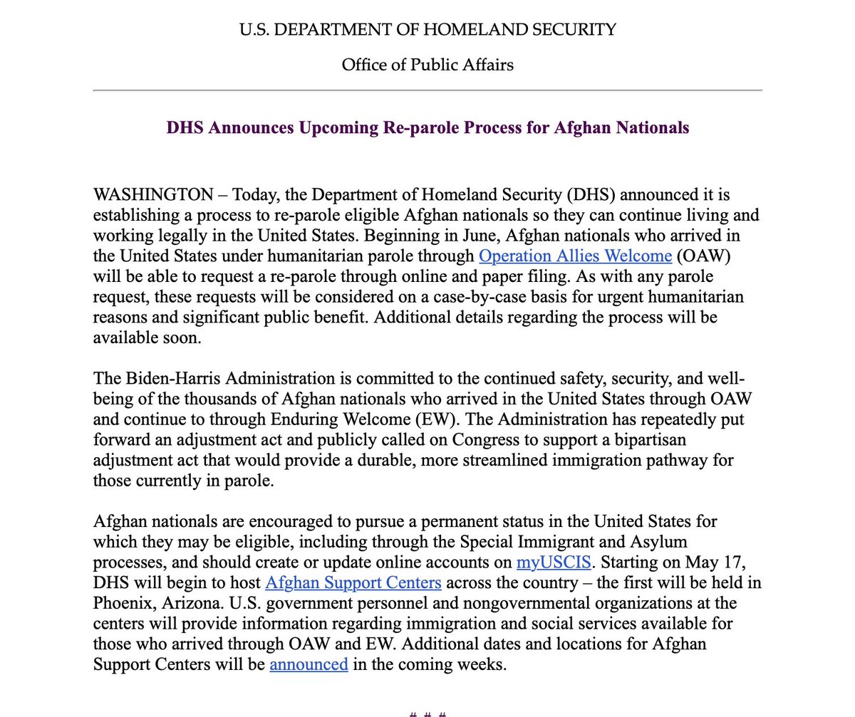 New — The Biden administration officially announces it will allow tens of thousands of Afghan evacuees to renew their work permits and deportation protections under the parole authority, confirming our reporting from earlier this week. DHS announcement: dhs.gov/news/2023/05/0…