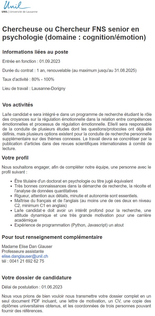 My next post-doc may be you!!
Now hiring at the Institute of Psychology, University of Lausanne, Switzerland!

Mon prochain post-doc, c'est peut-être vous!!
Recrutement à l'Institut de psychologie de l'Université de Lausanne !

unil.ch/carrieres/en/h…
Position 20966/ Poste 20966
