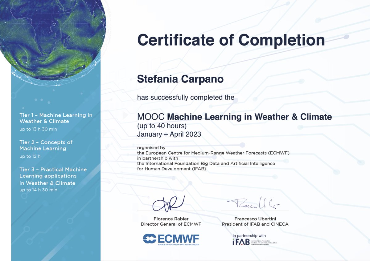 Very interesting course, sometimes a bit hard to understand/follow I admit 😋, giving a good overview on how to optimally combine physical models, observations and machine learning tools for weather prediction.
