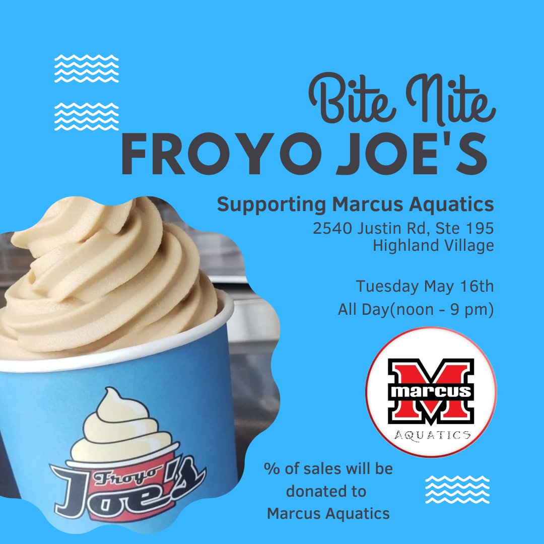 marcusaquatics (@marcusaquatics1) on Twitter photo Plan for a cool & sweet treat anytime on May 16th and support Marcus Aquatics while supporting Froyo Joe's. <a href="/Marcus_HS/">Marcus High School</a> Plan for a cool & sweet treat anytime on May 16th and support Marcus Aquatics while supporting Froyo Joe's. <a href="/Marcus_HS/">Marcus High School</a>
