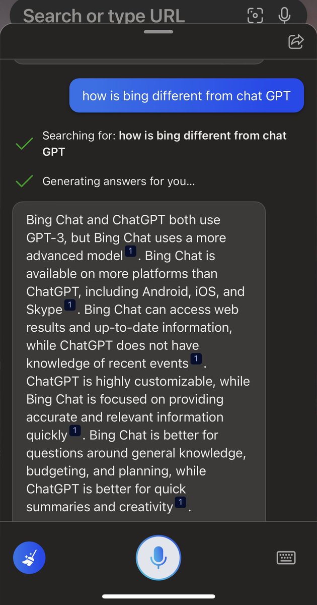 I asked Bing how it’s different from ChatGPT Bing Chat and ChatGPT both use GPT-3, but Bing Chat uses a more advanced model¹. Bing Chat is available on more platforms than ChatGPT, including Android, iOS, and Skype¹. Bing Chat can access web results and up-to-date information,…