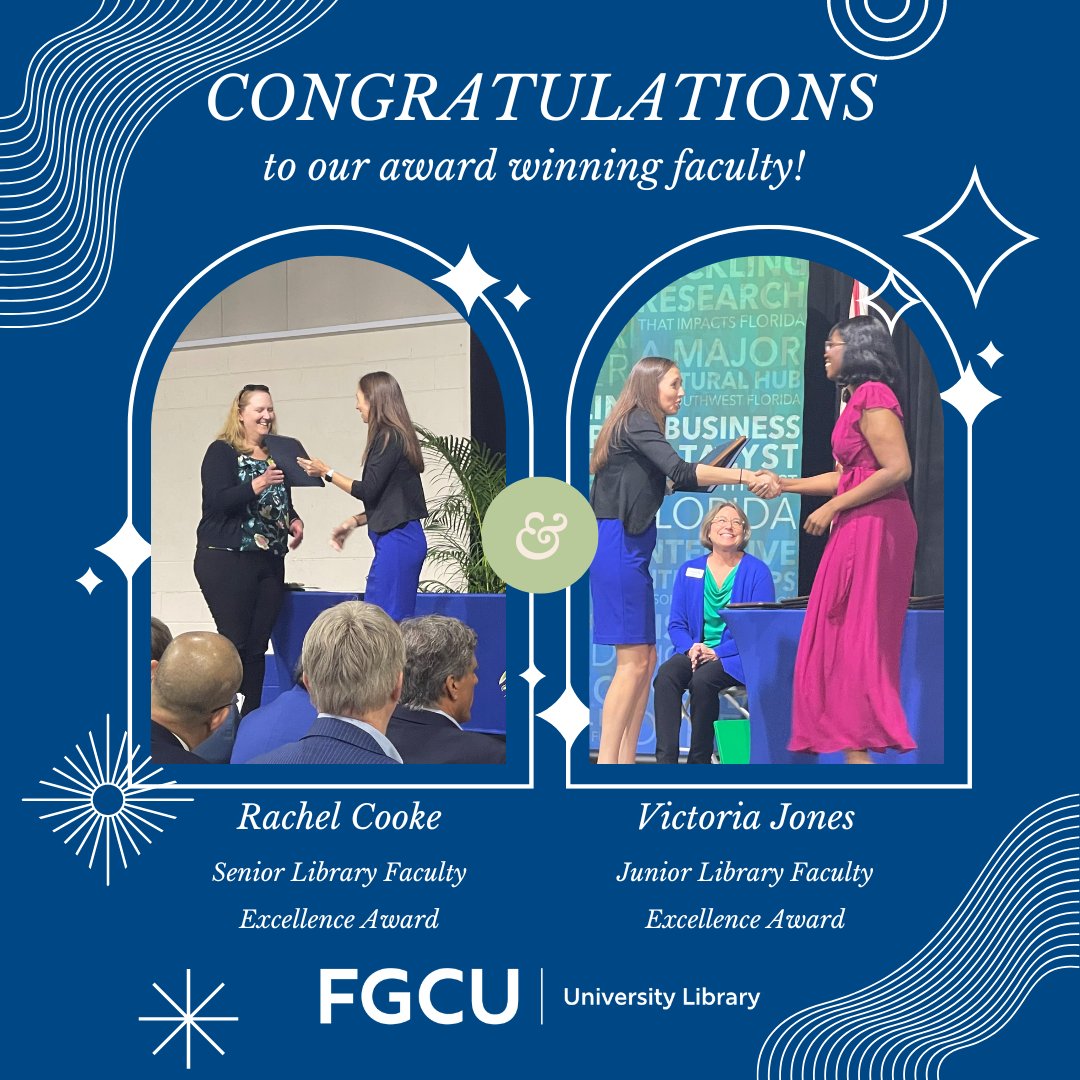 fgculibrary's tweet image. Congratulations to Rachel Cooke and Victoria Jones! Rachel, our Education and Arts Librarian, was awarded the Senior Library Faculty Excellence Award. Victoria, our University Archivist, was awarded the Junior Library Faculty Excellence Award. #FGCULibrary #FGCUArchives #FGCU