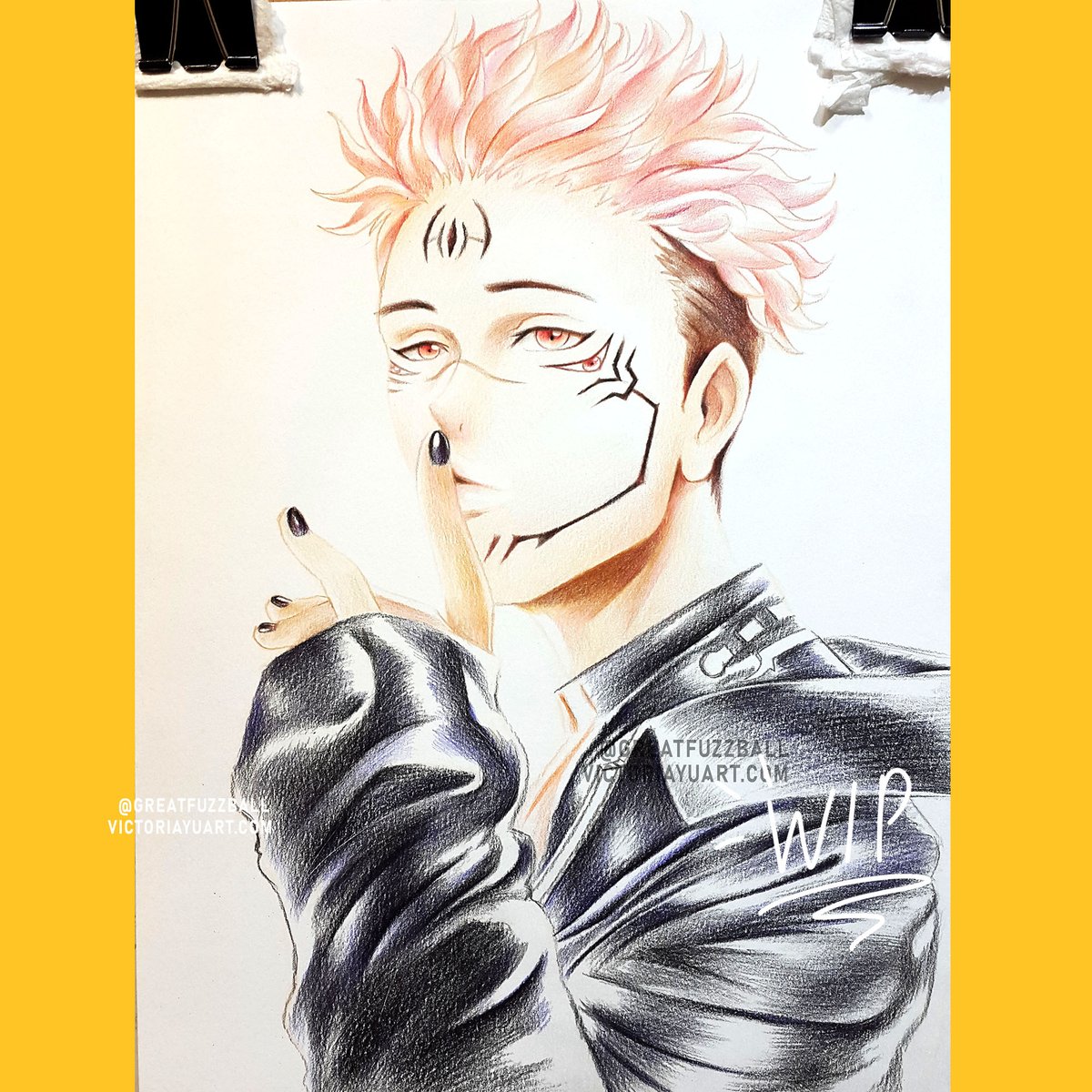 Greatfuzzball's tweet photo. More Sukuna Sneak peek. Been busy finishing up some last drawings so that I'm ready for July's Animethon convention!
New Jujutsu Kaisen drawings I'm working on

#anime #coloredpencil
#originalartwork #supportartist #animeart #animeboy #illustration #drawing #sukuna #jujutsukaisen https://t.co/CWZhAANj0p