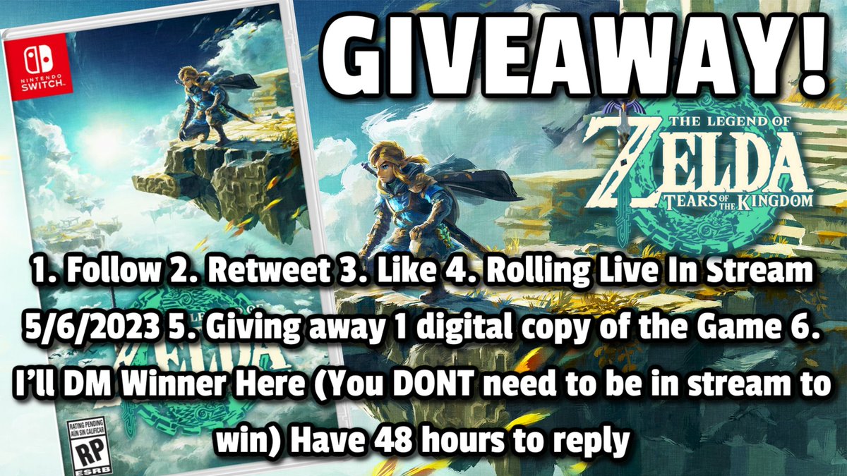 🔵 ZELDA TEARS OF THE KINGDOM GIVEAWAY! 🔵
----------------------------------------
1. Follow 
2. Retweet 
3. Like 
4. Rolling Live In Stream 5/6/2023 
5. Giving away 1 digital copy of the Game 
6. I'll DM Winner Here (You DONT need to be in stream to win) Have 48 hours to reply
