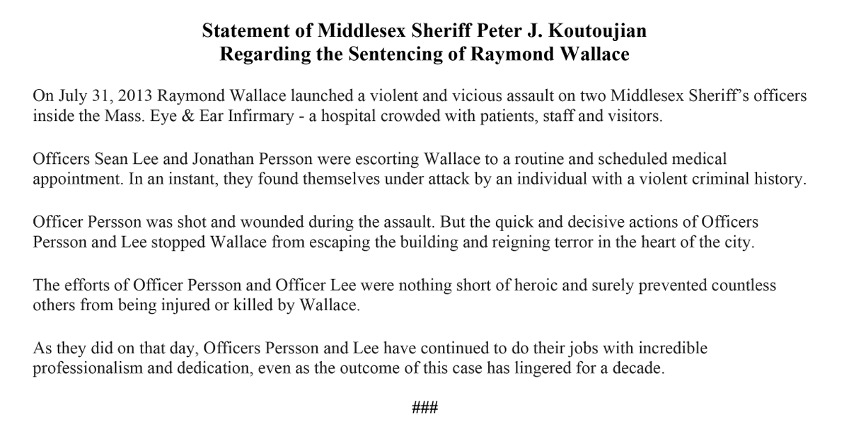 msosheriff's tweet photo. Statement of Middlesex Sheriff Peter J. Koutoujian Regarding the Sentencing of Raymond Wallace https://t.co/gQ7GKCI0ja