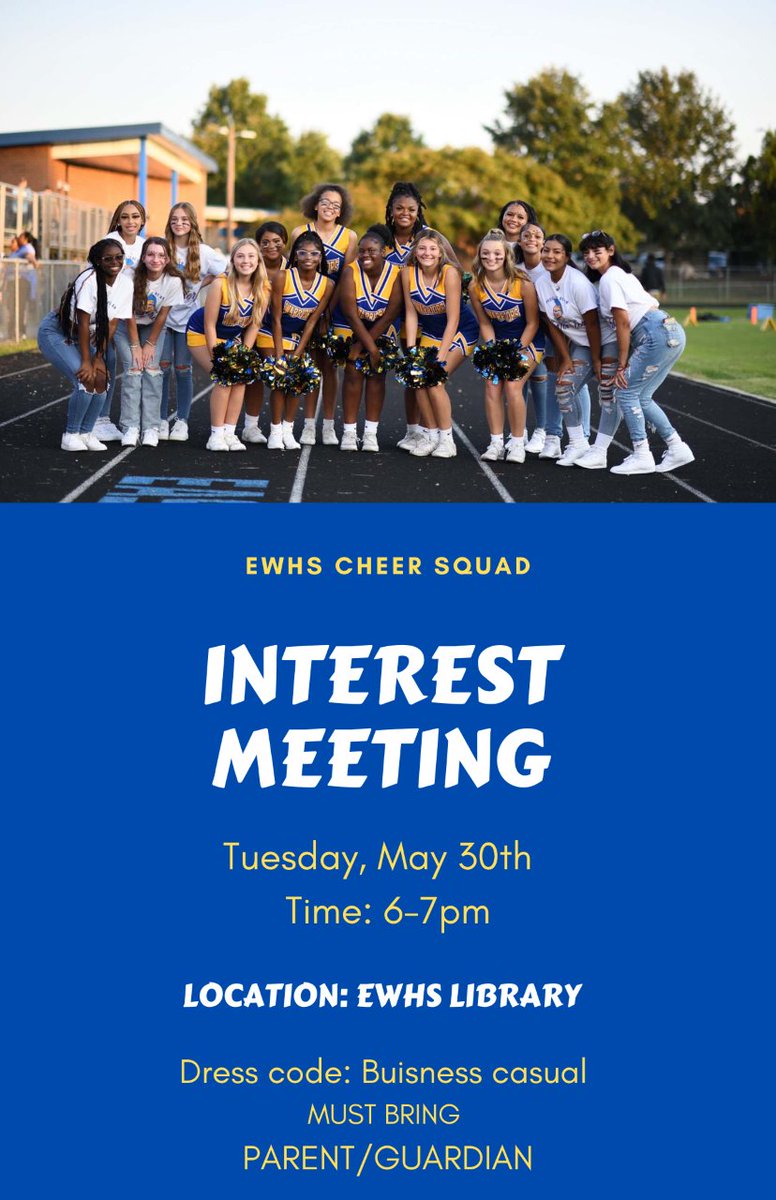 eastwakehs: Are you interested in becoming an East Wake Cheerleader? We will be hosting our interest meeting for the 2023-2024 East Wake Cheerleading team on May 30 in the EWHS library from 6-7pm. The dress code will be business casual and your parent/gu…