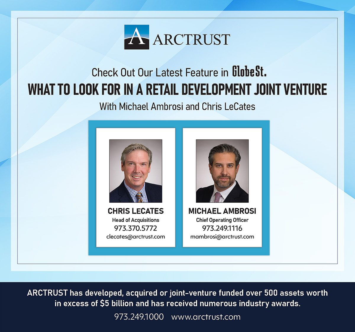 Check out ARCTRUST's latest Globe St. Feature, 'What to Look for in a Retail Development Joint Venture!' …lDevelopmentJointVenture.arctrust.com

@ARCTRUST1 #ARCTRUST #globestreet #realestate #commercialrealestate #cre #jvdevelopment #developmentfinance #investmentproperties #NetLease #NNN #stnl