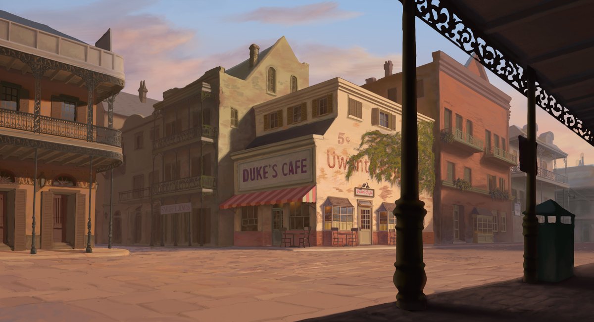DisneyAnimation's tweet image. From New Orleans to the bayou, take a closer look at some of the backgrounds from The Princess and the Frog. ✨🎺