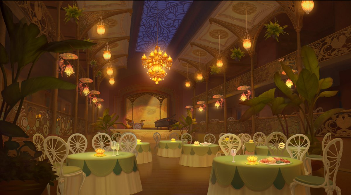 DisneyAnimation's tweet image. From New Orleans to the bayou, take a closer look at some of the backgrounds from The Princess and the Frog. ✨🎺
