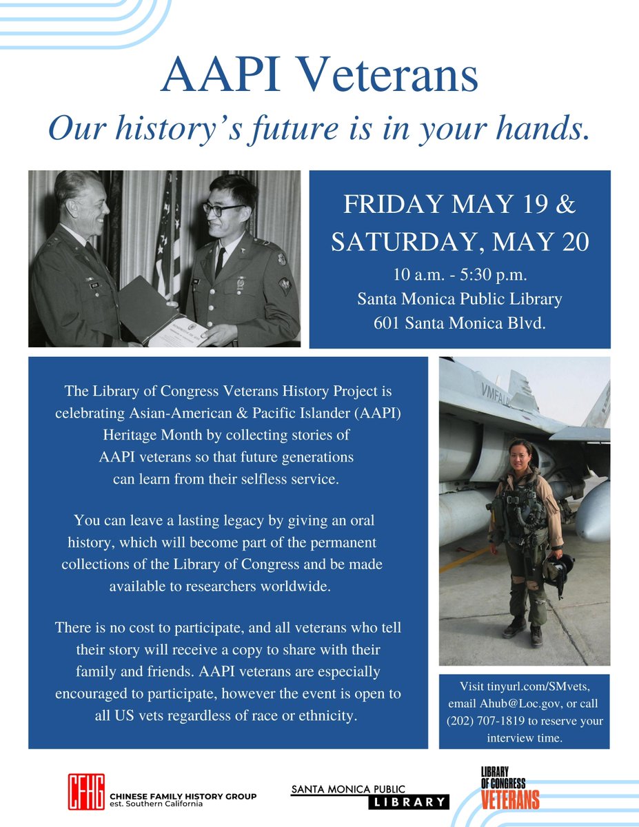 UCLAforVeterans's tweet photo. Help out @RepTedLieu by speaking with the @librarycongress and expanding #oralhistory of all #Veterans! The opportunity is not exclusive to AAPI Veterans, everyone is welcome.
#LAVeterans #history #futuregenerations #AAPI #AsianAmericanPacificIslander
https://t.co/kFJoEC7aHL https://t.co/LN8Wq9UzTb