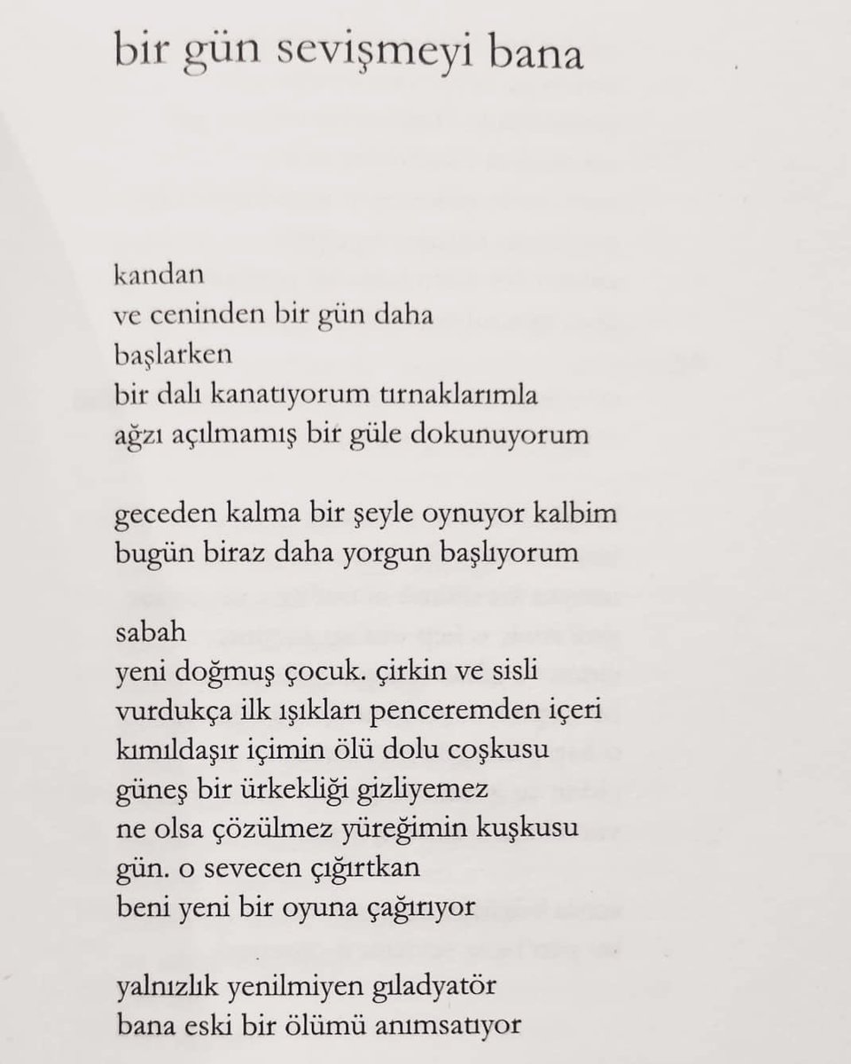 “…güneş ürkekliği gizleyemez
ne olsa çözülmez yüreğimin kuşkusu
gün sevecen çığırtkan
beni yeni oyuna çağırıyor
yalnızlık yenilmeyen gladyatör
bana eski bir ölümü anımsatıyor.”

sevgiyle anıyorum.
#arkadaşzekaiözger