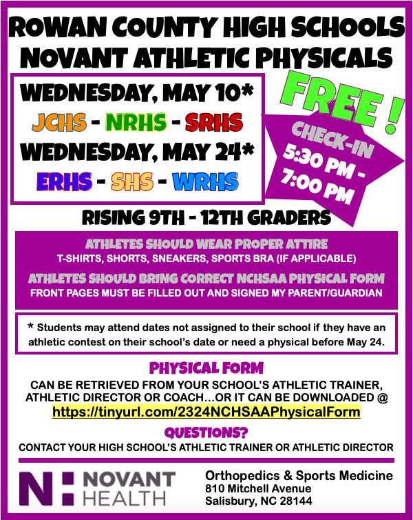 FREE <a href="/RSSNCAthletics/">Rowan-Salisbury Schools Athletics</a> Sports Physicals from <a href="/NovantHealth/">Novant Health</a> . Get a FREE physical now to ensure that you are covered all of the 23-24 school year!

To obtain a physical, athletes MUST come with a printed physical that has been completed and signed by a parent. See school for a copy